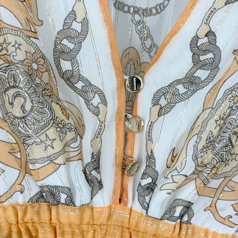 NWT Sandro Valldemossa Metallic Scarf Print Cutout Maxi Dress 36